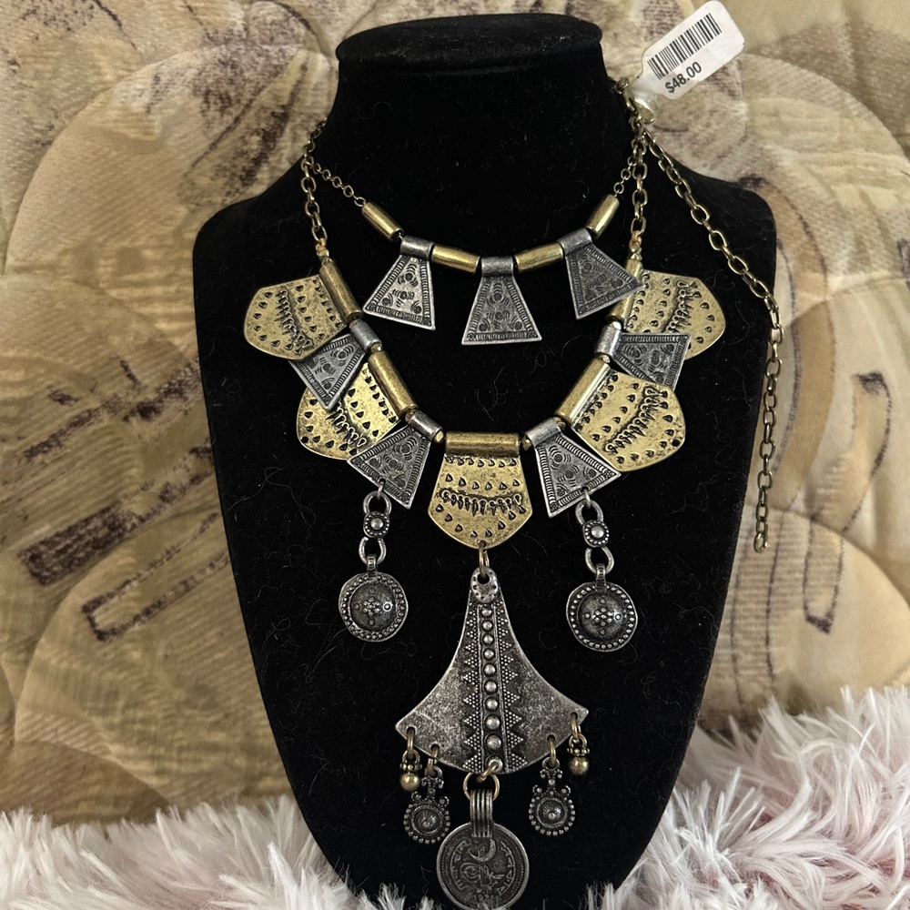 Boho Two-Tone Brass and Silver Statement Necklace